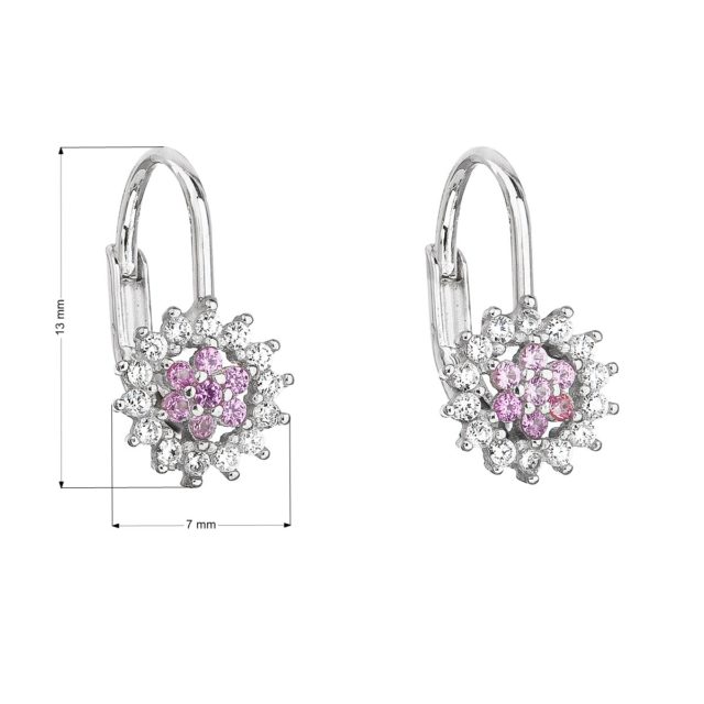 Stříbrné náušnice visací se zirkonem růžová kytička 11217.3