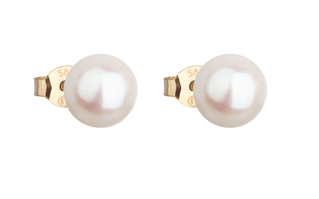 Zlaté 14 karátové náušnice pecky s bílou říční perlou 921042.1