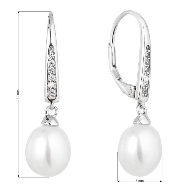 Stříbrné náušnice visací s bílou říční perlou 21059.1
