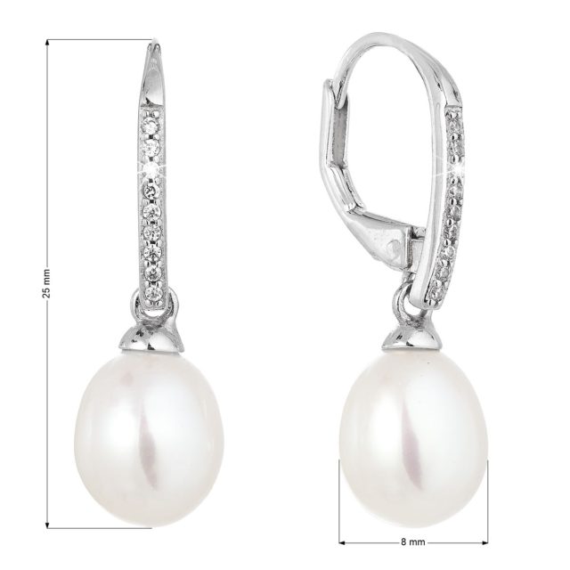 Stříbrné náušnice visací s bílou říční perlou 21060.1