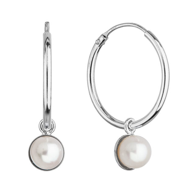 Stříbrné náušnice kruhy s bílou říční perlou 21065.1