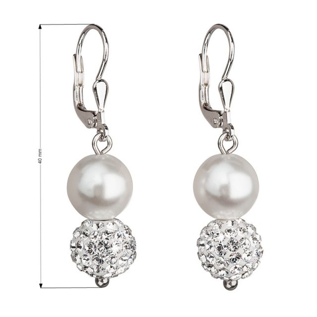 Stříbrné náušnice visací se syntetickými perlami a krystaly Swarovski bílé kulaté 31155.1