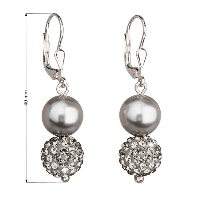 Stříbrné náušnice visací se syntetickými perlami a krystaly Swarovski šedé kulaté 31155.3