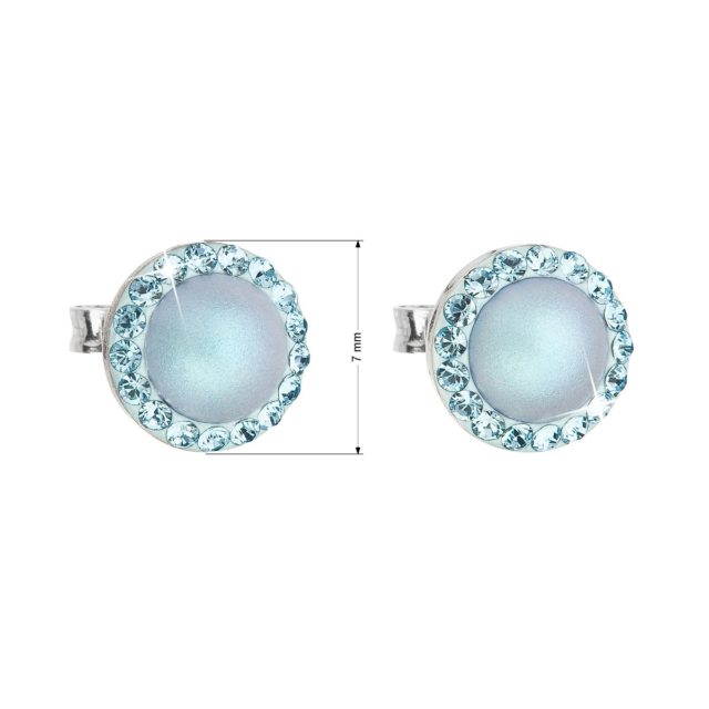 Stříbrné náušnice pecka s krystaly Swarovski a světle modrou matnou perlou kulaté 31214.3