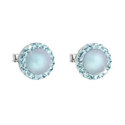Stříbrné náušnice pecka s krystaly Swarovski a světle modrou matnou perlou kulaté 31214.3
