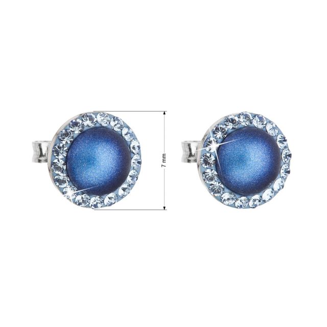 Stříbrné náušnice pecka s krystaly Swarovski a tmavě modrou matnou perlou kulaté 31214.3