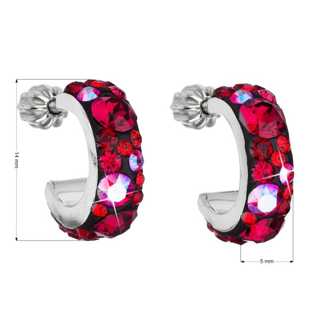 Stříbrné náušnice kruhy s krystaly Swarovski červený půlkruh 31118.3 cherry