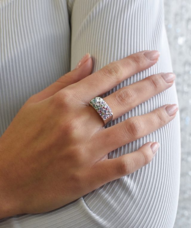Stříbrný prsten s krystaly Swarovski mix barev fialová zelená růžová 35014.3 sakura
