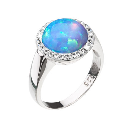 Stříbrný prsten se syntetickým opálem a krystaly Preciosa světle modrý 35060.1