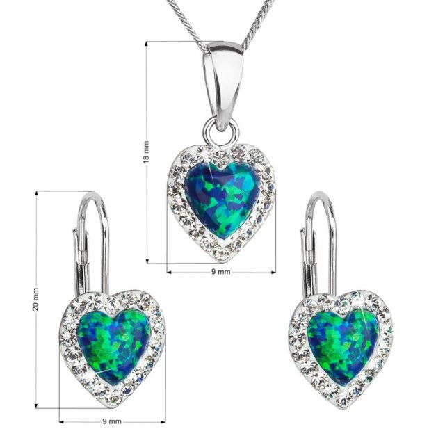 Sada šperků se syntetickým opálem a krystaly Preciosa náušnice a přívěšek zelené srdce 39161.1