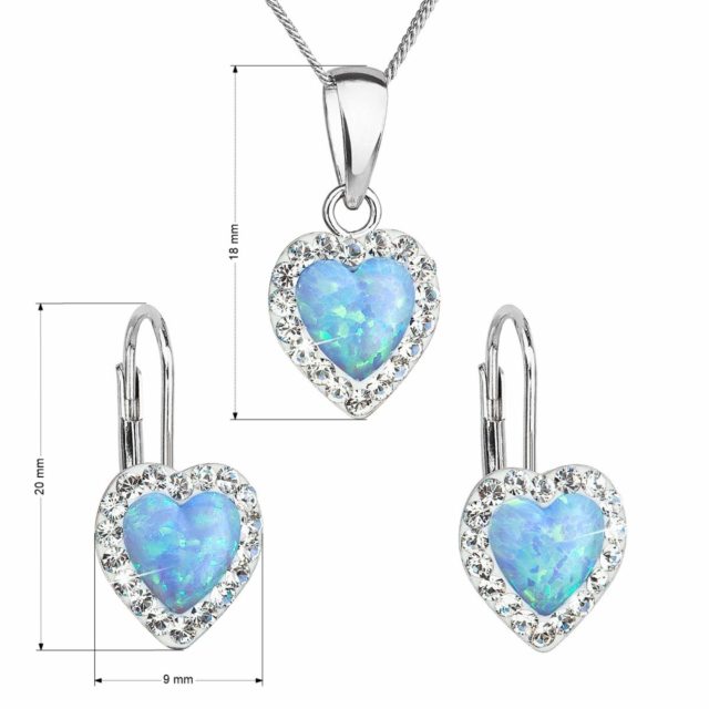 Sada šperků se syntetickým opálem a krystaly Preciosa náušnice a přívěšek světle modré srdce 39161.1