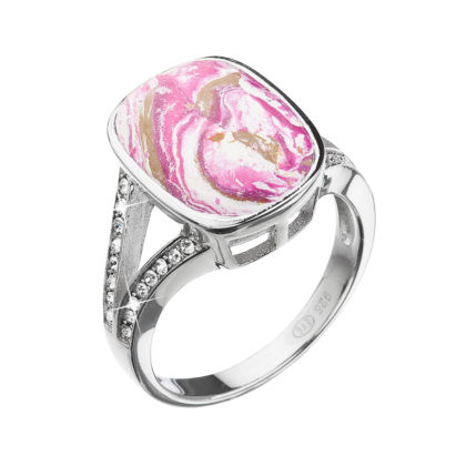 Stříbrný prsten obdélník růžovobílý mramor s krystaly 75014.1