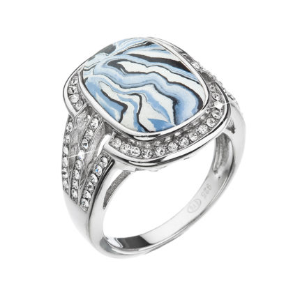 Stříbrný prsten obdélník modrobílý mramor se Swarovski krystaly 75015.1