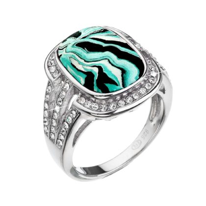 Stříbrný prsten obdélník zelenobílý mramor s krystaly 75016.1
