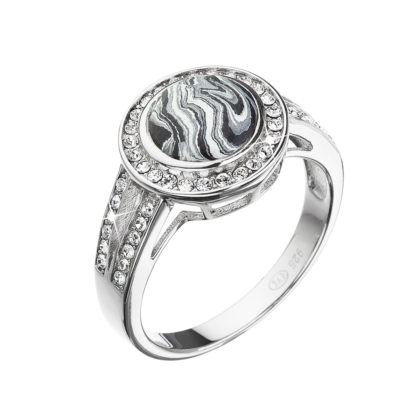 Stříbrný prsten kulatý černobílý mramor se Swarovski krystaly 75017.1