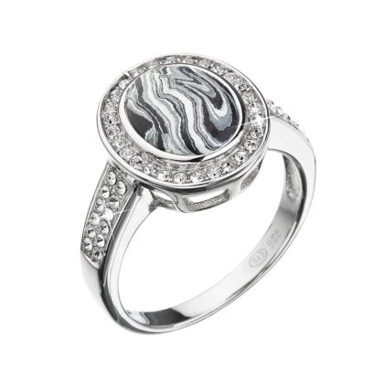 Stříbrný prsten ovál černobílý mramor se Swarovski krystaly 75018.1