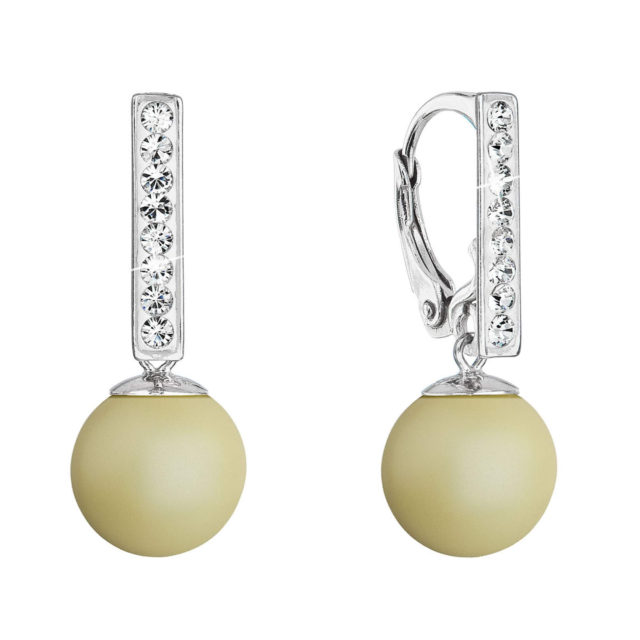 Stříbrné náušnice visací s perlou a krystaly Swarovski žluté kulaté 71174.3 pastel yellow