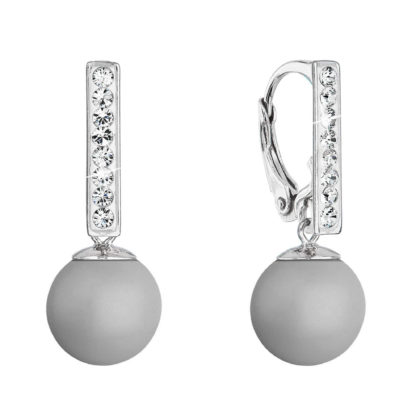 Stříbrné náušnice visací s perlou a krystaly Swarovski šedé kulaté 71174.3 pastel grey