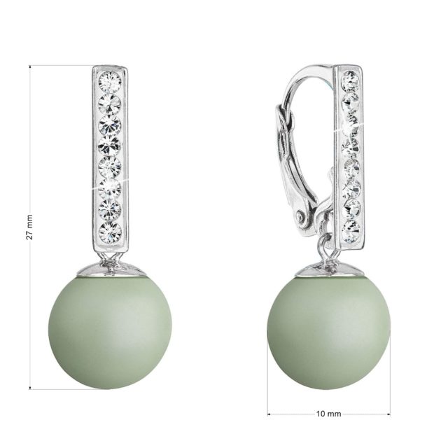 Stříbrné náušnice visací s perlou a krystaly Swarovski zelené kulaté 71174.3 pastel green