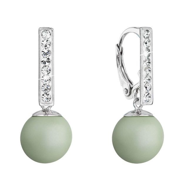 Stříbrné náušnice visací s perlou a krystaly Swarovski zelené kulaté 71174.3 pastel green