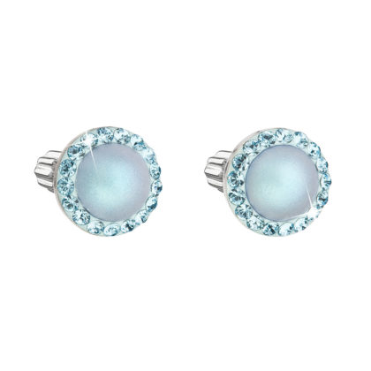 Stříbrné náušnice pecka s krystaly Swarovski a světle modrou matnou perlou kulaté 31314.3
