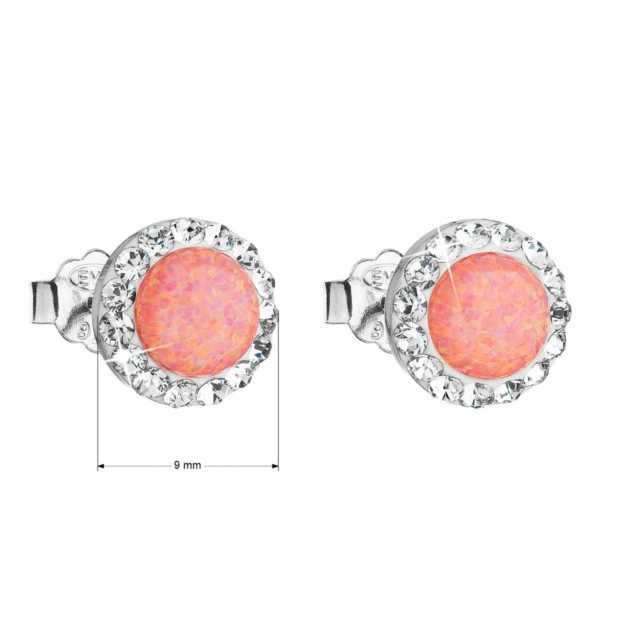 Stříbrné náušnice pecky se syntetickým opálem a Preciosa krystaly oranžové kulaté 31217.1 coral