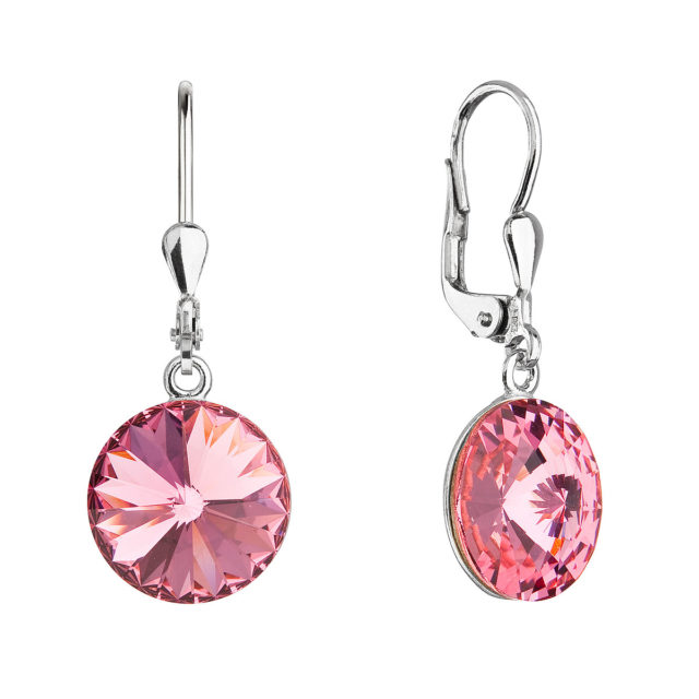 Stříbrné náušnice visací s krystaly Swarovski růžové kulaté 71144.3 rose