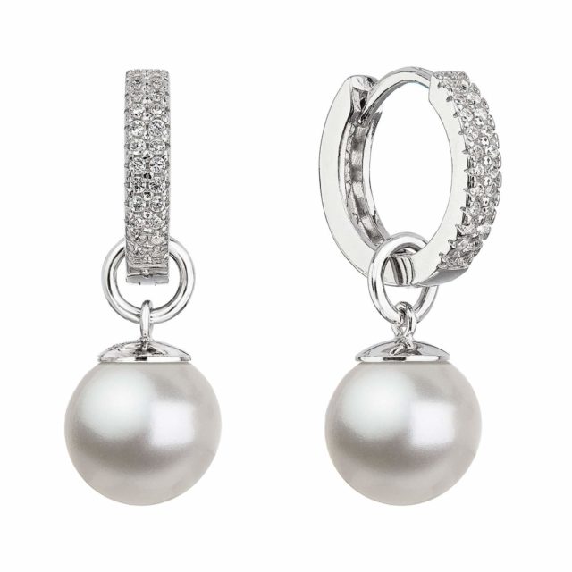 Stříbrné visací náušnice kroužky s bílou Preciosa perlou 31298.1