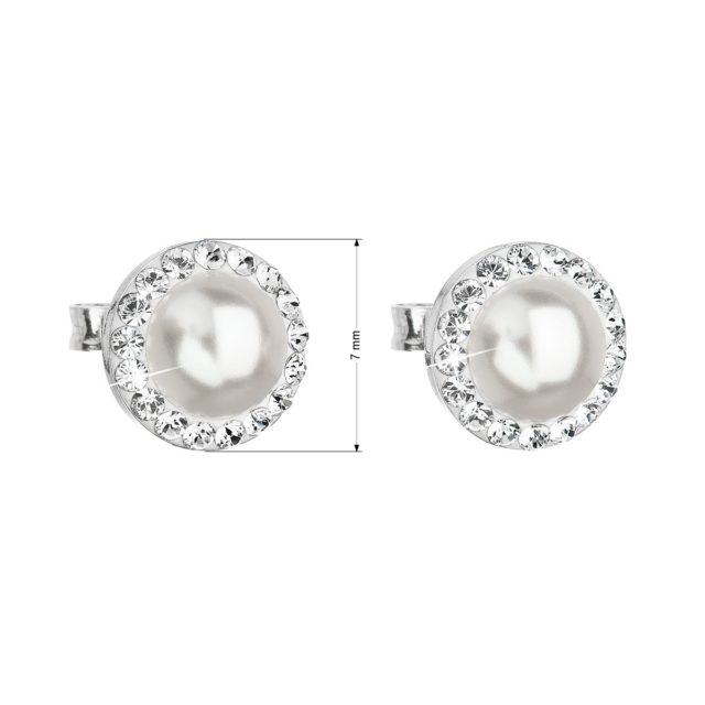 Stříbrné náušnice pecka s krystaly Swarovski a bílou perlou kulaté 31214.1