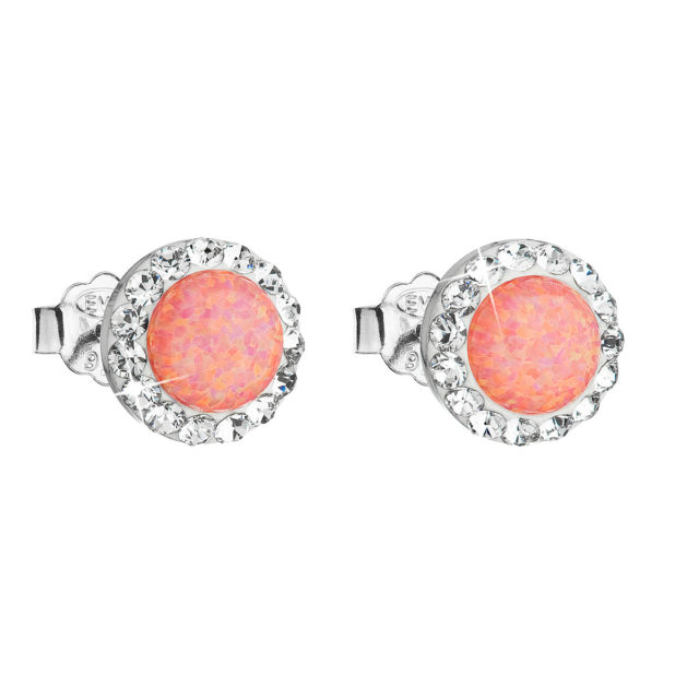 Stříbrné náušnice pecky se syntetickým opálem a krystaly Swarovski oranžové kulaté 31217.1