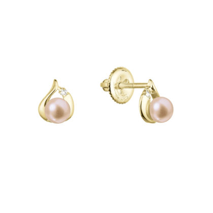 Zlaté 14 karátové náušnice slza s růžovou říční perlou a brilianty 91PB00052 pink