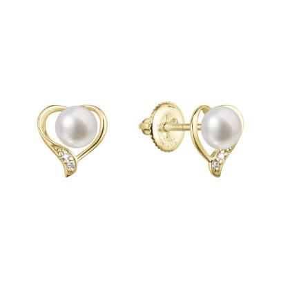 Zlaté 14 karátové náušnice srdce s říční perlou a brilianty 91PB00054