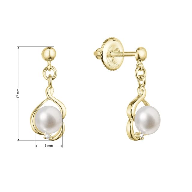 Zlaté 14 karátové náušnice visací s říční perlou a brilianty 91PB00057