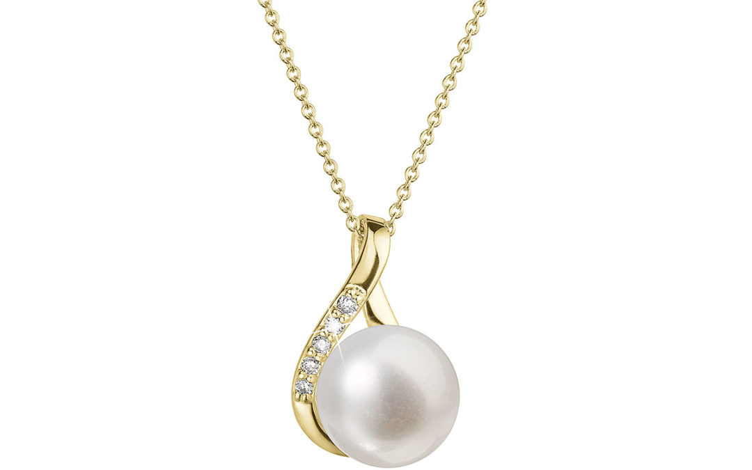 Zlatý 14 karátový náhrdelník slza s bílou říční perlou a brilianty 92PB00029
