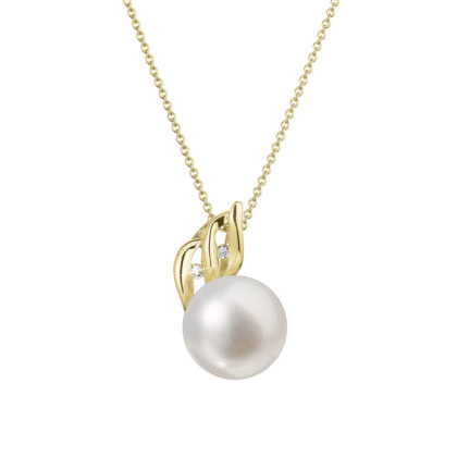 Zlatý 14 karátový náhrdelník s bílou říční perlou a brilianty 92PB00038
