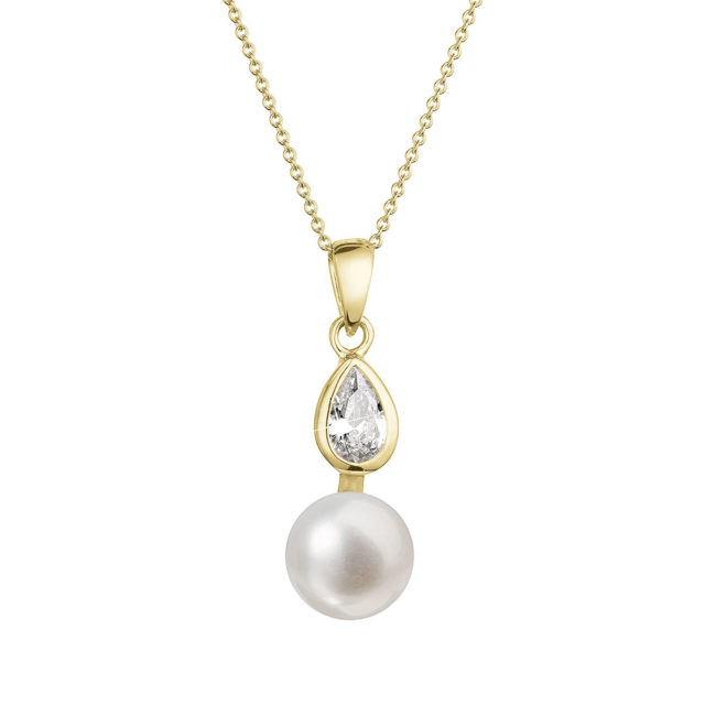 Zlatý 14 karátový náhrdelník žluté zlato s bílou říční perlou a zirkony 92PZ00048