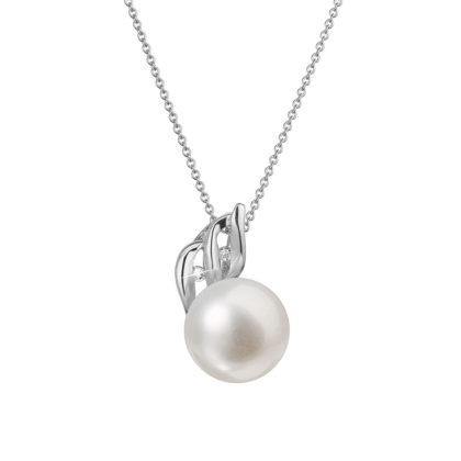 Zlatý 14 karátový náhrdelník bílé zlato s bílou říční perlou a brilianty 82PB00038