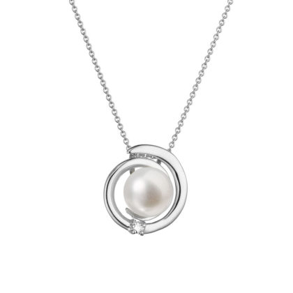 Zlatý 14 karátový náhrdelník bílé zlato s bílou říční perlou a briliantem 82PB00046