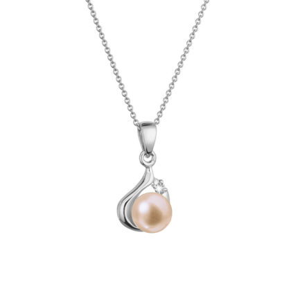 Zlatý 14 karátový náhrdelník bílé zlato s růžovou říční perlou a briliantem 82PB00047 pink
