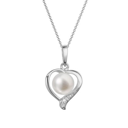 Zlatý 14 karátový náhrdelník srdce bílé zlato s bílou říční perlou a brilianty 82PB00049