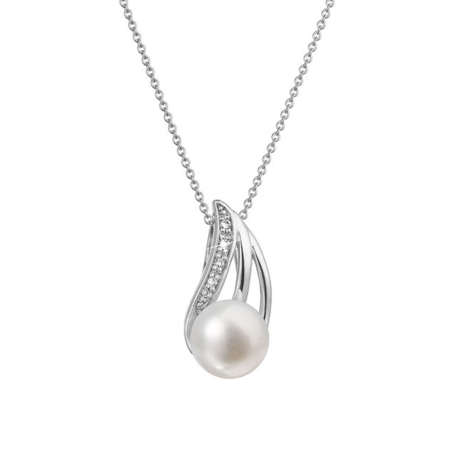 Zlatý 14 karátový náhrdelník bílé zlato s bílou říční perlou a brilianty 82PB00051