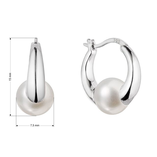Stříbrné náušnice kruhy s říční perlou bílé 21085.1
