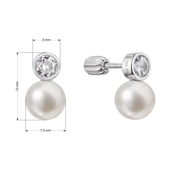 Stříbrné náušnice pecky s říční perlou kulatou a jedním zirkonem 21090.1B