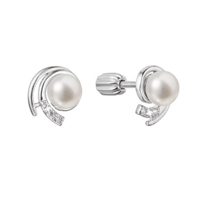 Stříbrné náušnice pecky s říční perlou a zirkony vír bílý 21091.1B