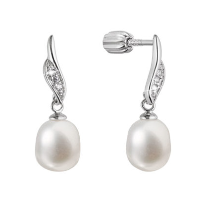 Stříbrné náušnice visací s oválnou říční perlou bílé 21092.1B