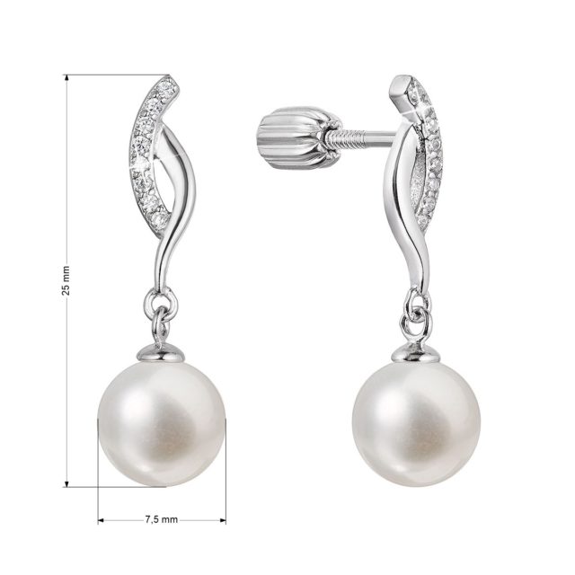 Stříbrné náušnice visací s kulatou říční perlou bílé 21094.1B