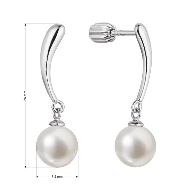 Stříbrné náušnice visací s kulatou říční perlou bílé 21095.1B
