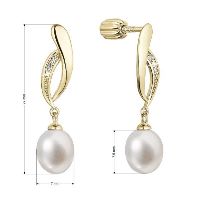 Pozlacené stříbrné náušnice pecky s říční perlou a zirkony bílá 21103.1B