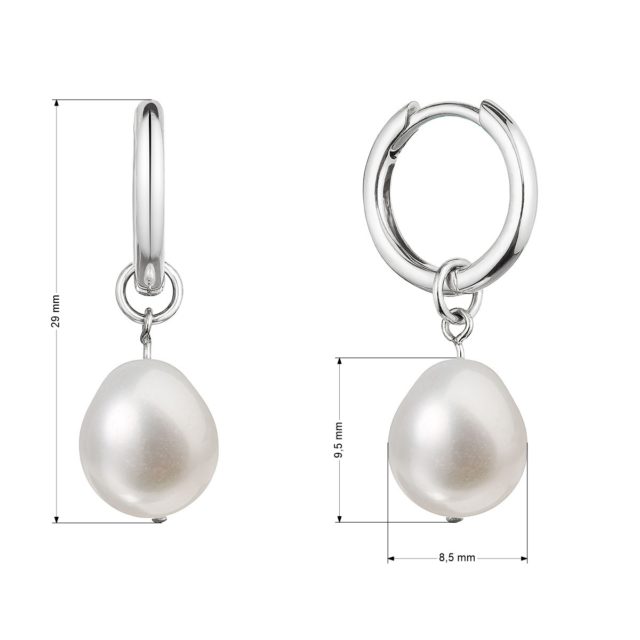 Stříbrné náušnice kruhy s visací bílou říční perlou baroko 21106.1