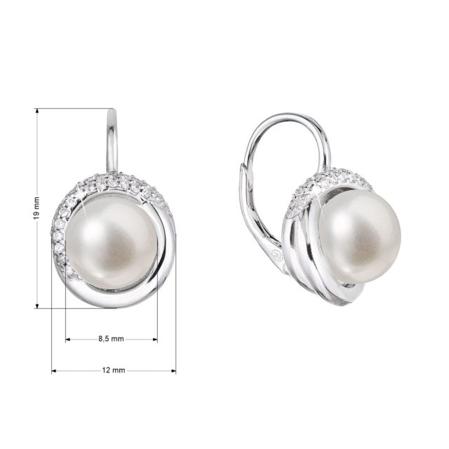 Stříbrné náušnice visací s bílou říční perlou a zirkony kulaté 21075.1